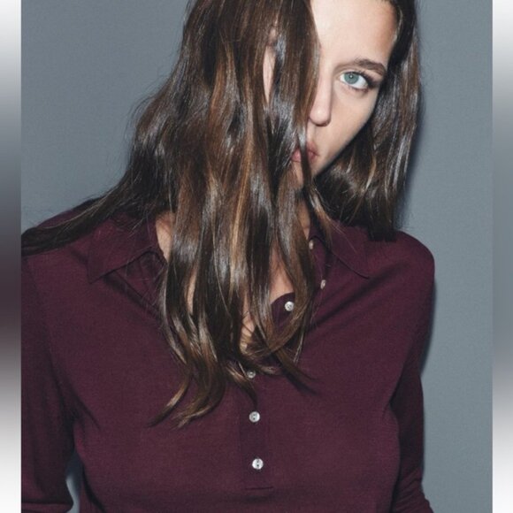 ZARA BUTTONED KNIT POLO TOP - Picture 4 of 9